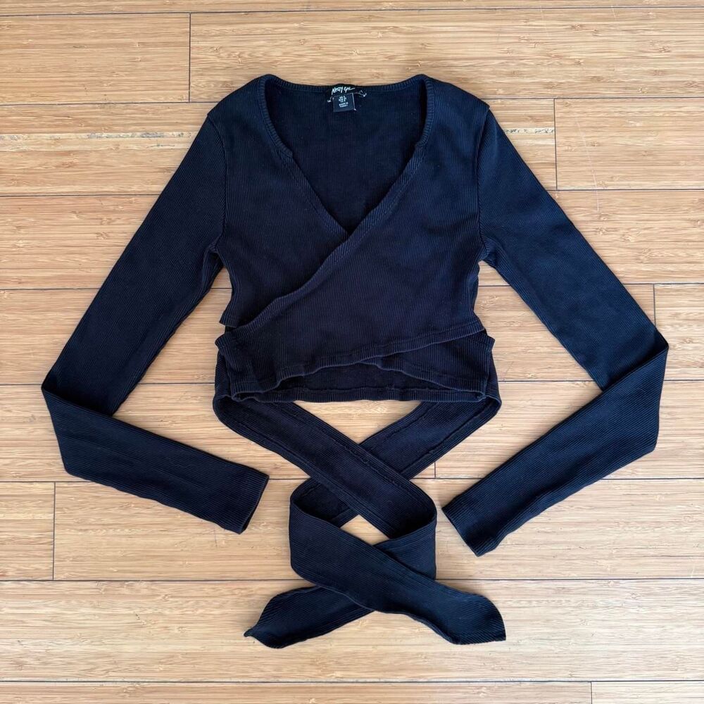 Nasty Gal Black Ribbed Faux Wrap Long Sleeve Top Size 0 Cropped Cotton
